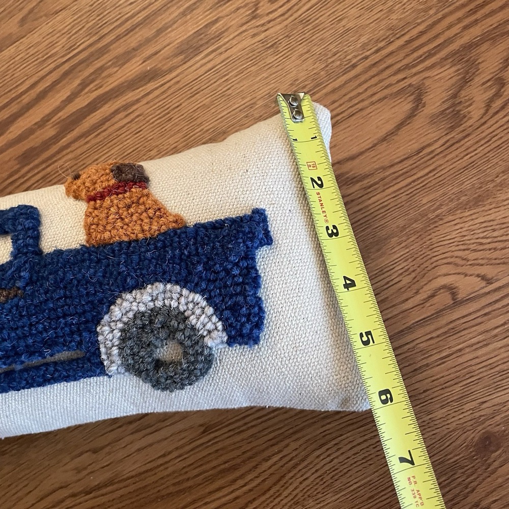 Mud Pie Mini Farm Hooked Pillow Blue Truck Dog 12x6 Zipper Back EUC - Picture 7 of 7